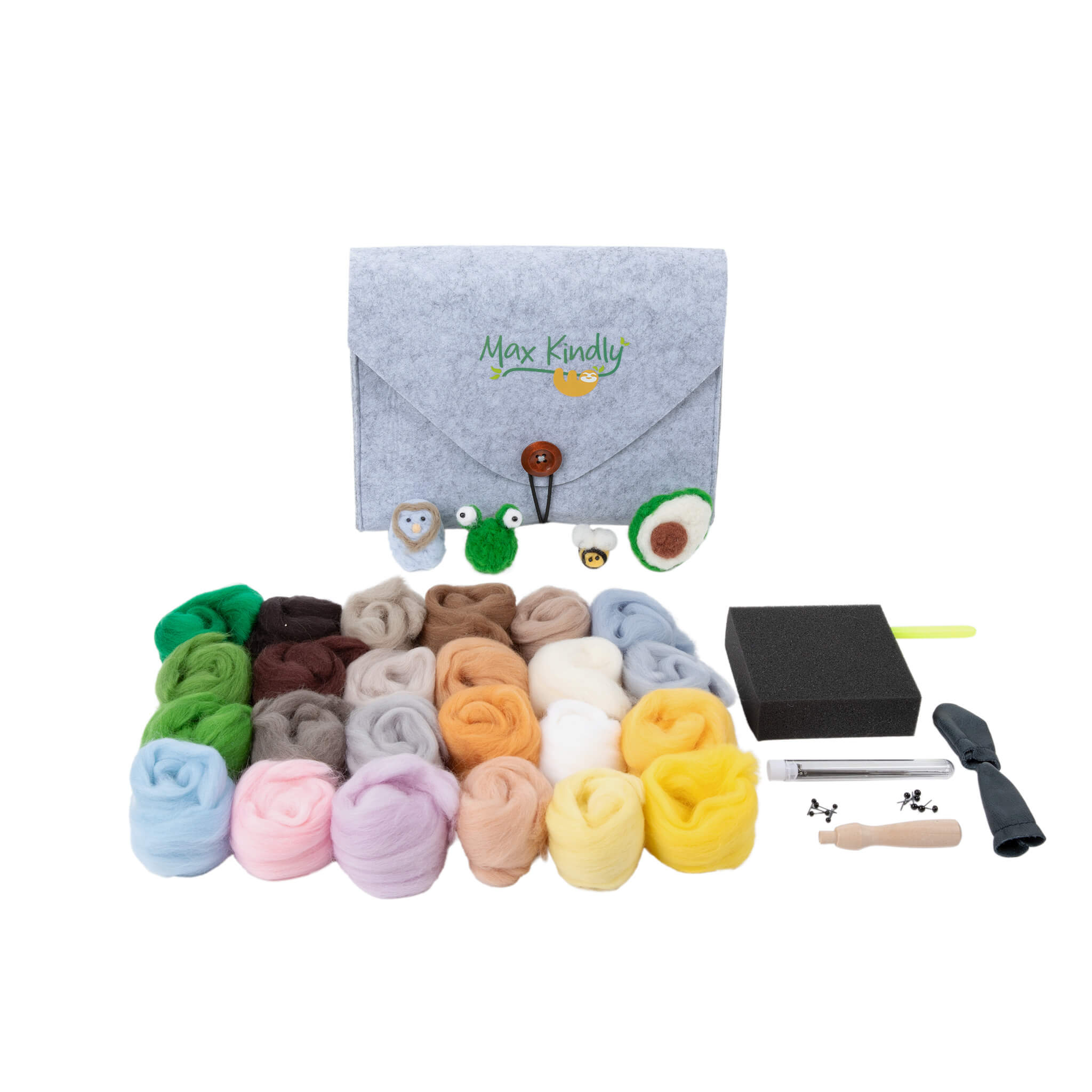 Photo of the Needle Felting Kit with Components - wool, awl, sample projects, handle, foam pad